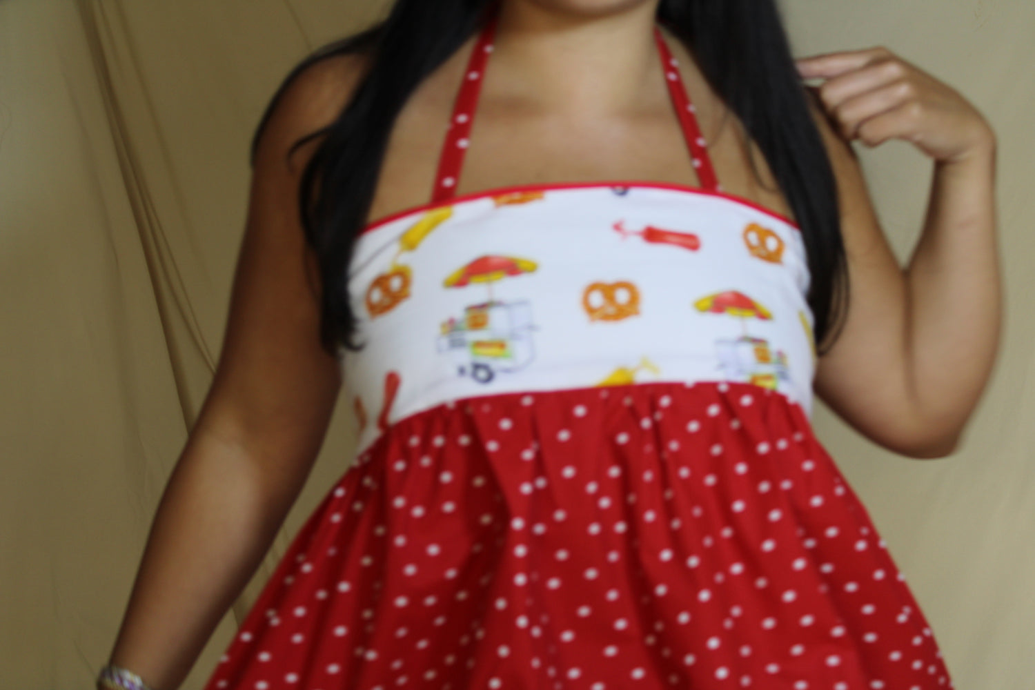 Handmade red polka-dot shirt with hot dog print bandeau, designed using upcycled deadstock fabric- MackMarie sustainable fashion