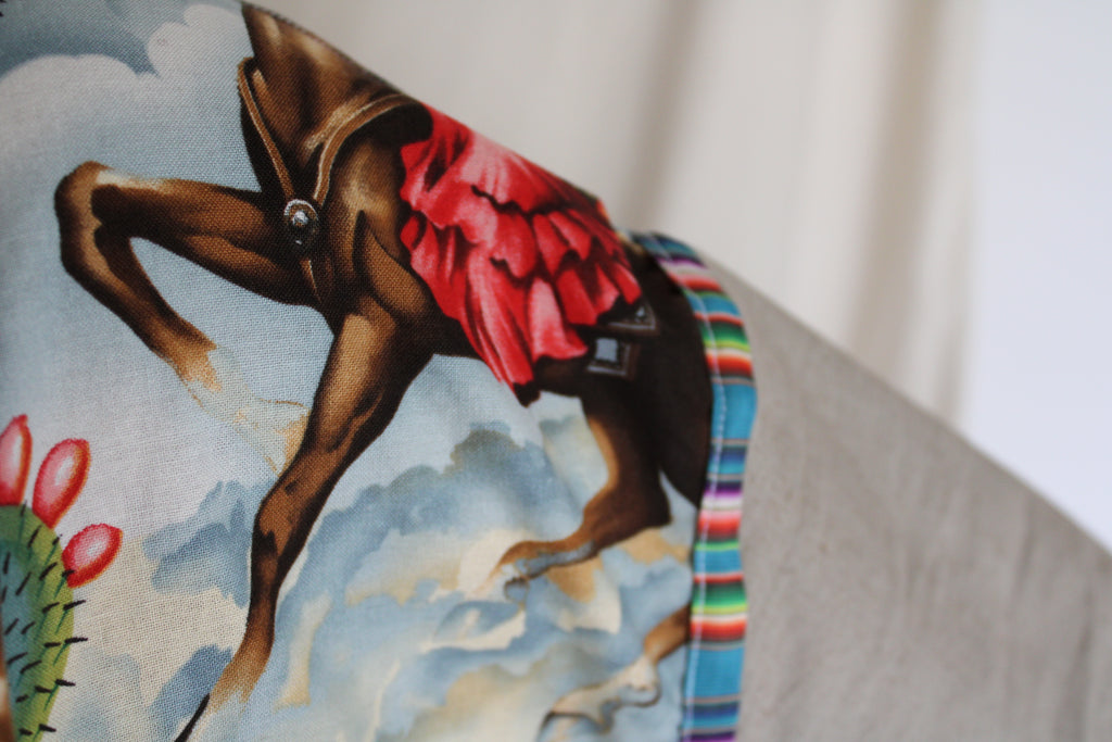 colorful western-inspired oversized jacket featuring a bold cowboy desert print on the front and serape stripe trim on the cuffs. Handmade using upcycled fabric with neural tan sleeves and sustainable construction. 