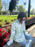 Handmade lightweight jacket featuring vintage green toile print on white cotton. This one of a kind piece is crafted from rescued deadstock fabric, combining preppy elegance with southern charm-  made in the USA. 